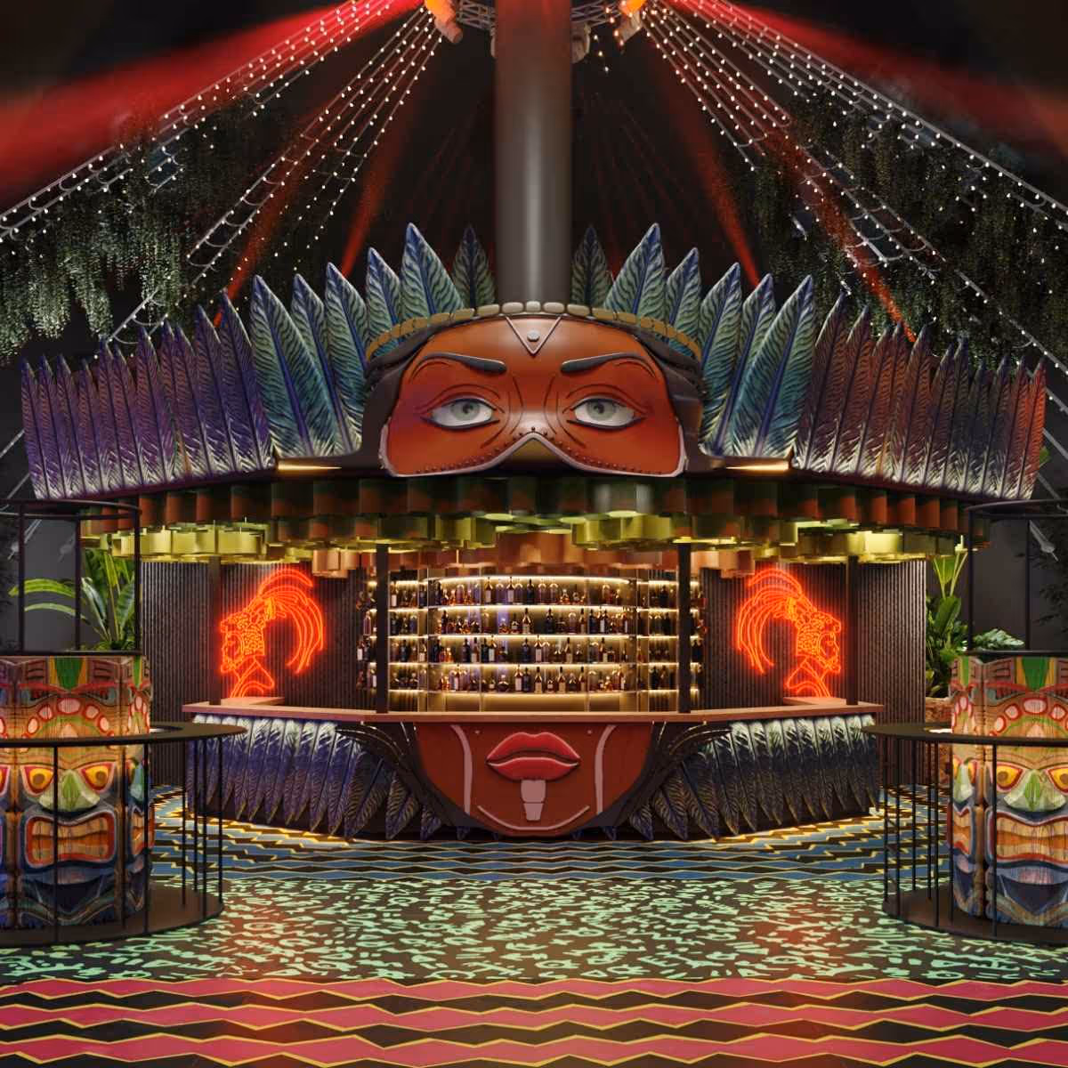 Indigenous-themed bar with mask, feathers and bright neon lights